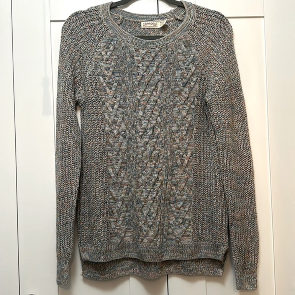 Gray & Multi Colored Crochet Knit Crew Neck Sweater Sz MED NWOT